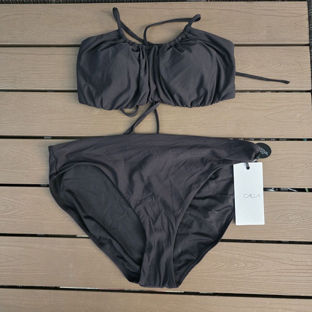 CALIA Women's Solid Black Scrunched Tie Top & Mid Rise Black Bikini Sz L New